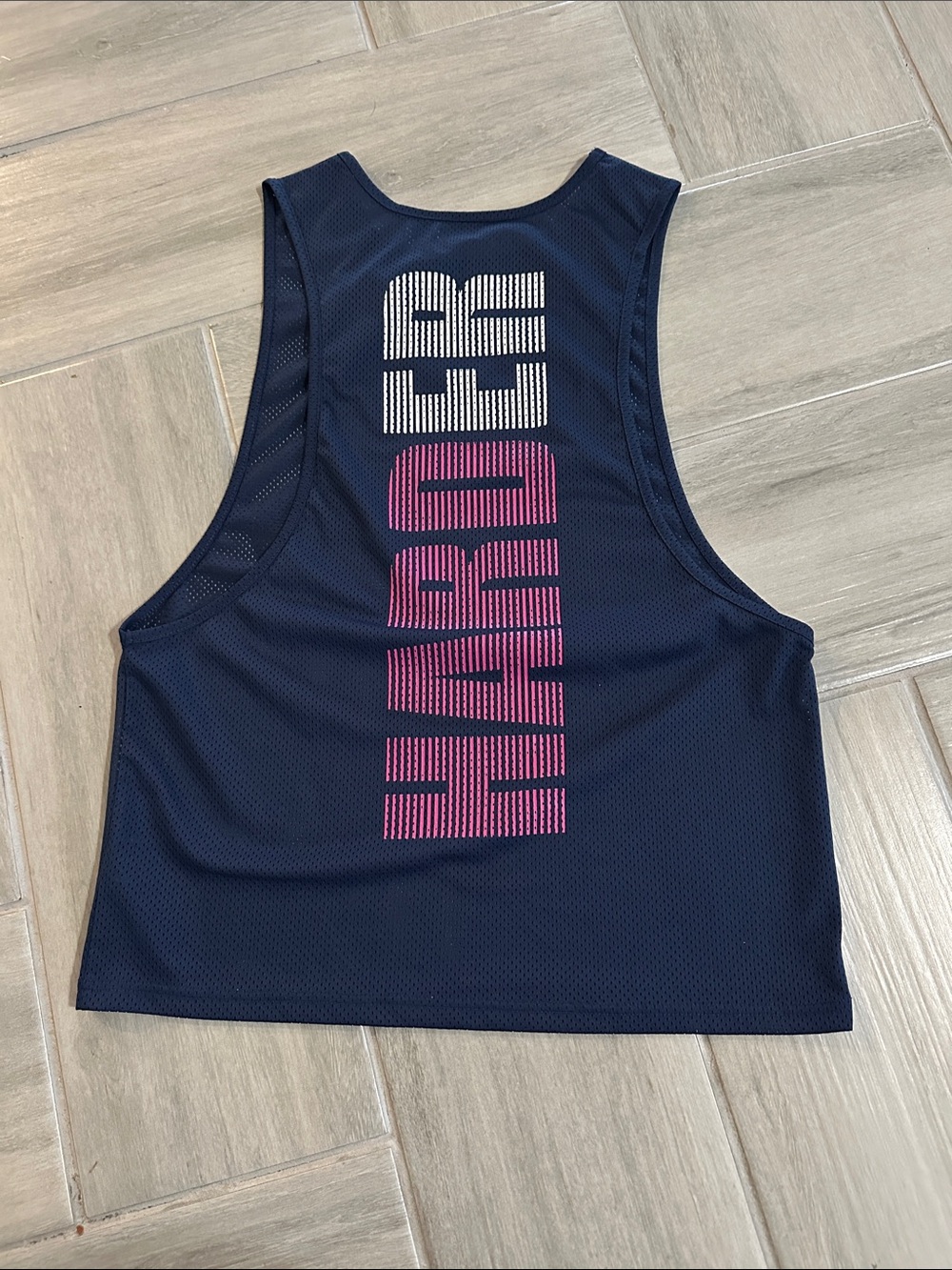 SHEIN Workout Navy Mesh Tank with Vertical Pink and White Lettering